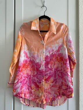 Soft Surroundings sz. M Altura Gauze Floral Button Up Shirt Tunic Striped Blouse